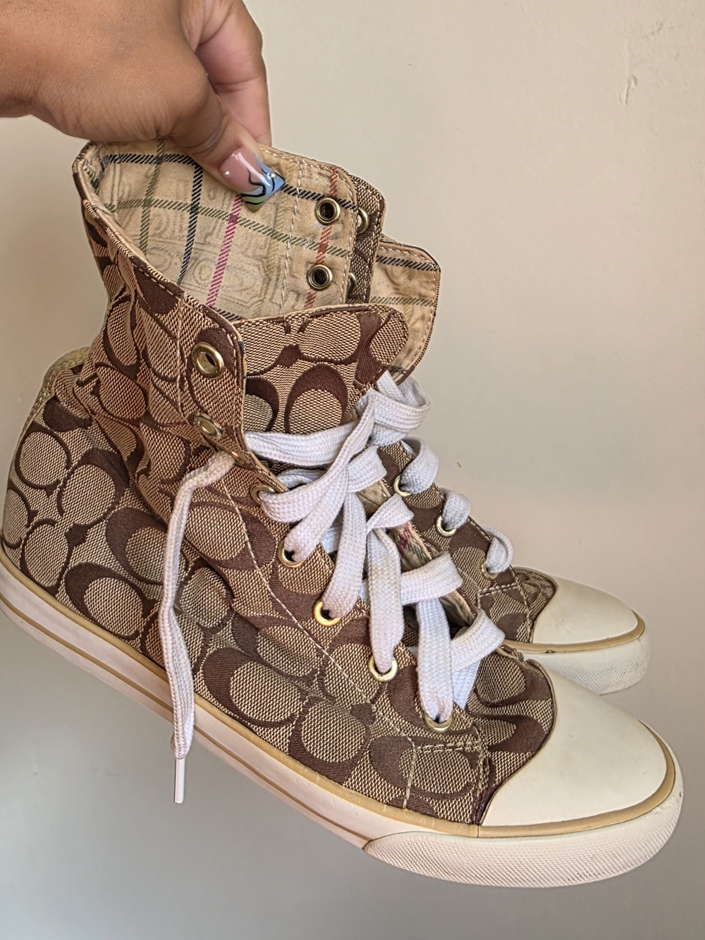 Coach Brown Signature High-Top Sneakers with White Laces